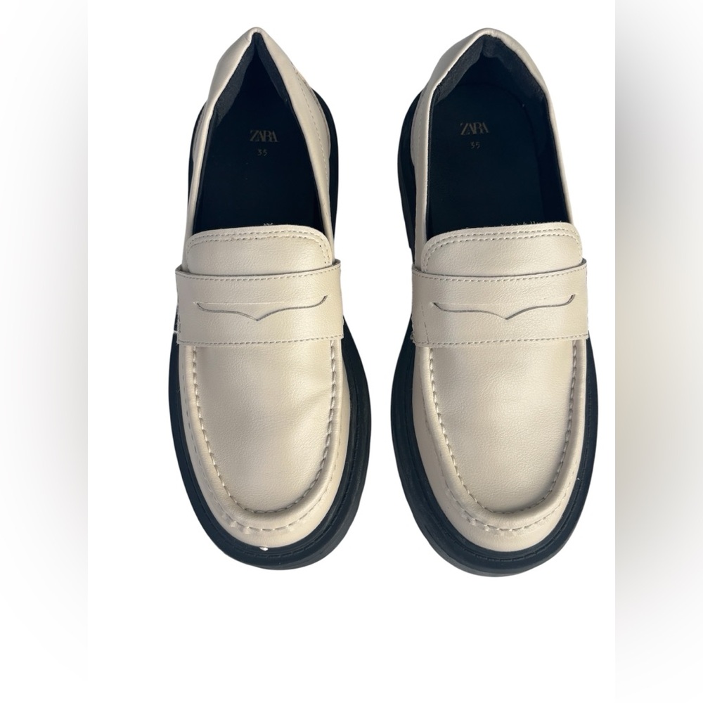 Zara Cream Leather Penny Loafers with Black Sole